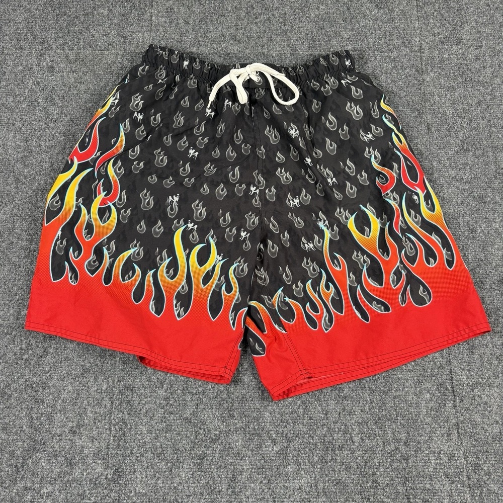 VINTAGE Y2K Big Dogs Swim Trunks Mens M Fire Flames Mesh Lined Shorts‎ FieriCore